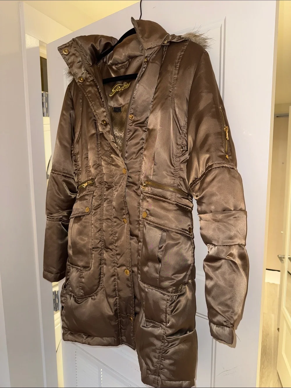 Guess Brown Quilted Puffer Parka with Faux-Fur Trim Hood - Picture 7 of 8